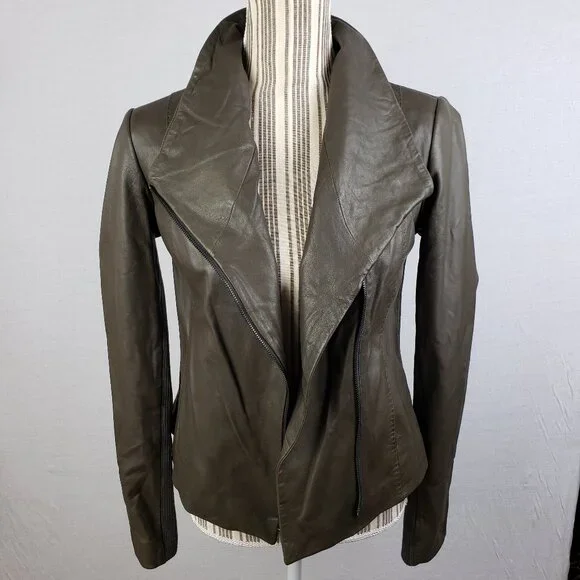 VINCE Leather Scuba Jacket Biker Lustrous Asymmetrical Minimalist Taupe Gray M